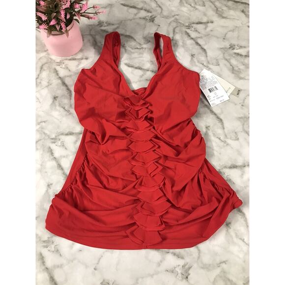 Profile Womens 34D Swim Tankini Top Red Solid Swimwear Suit Designer Fashion - Picture 1 of 7
